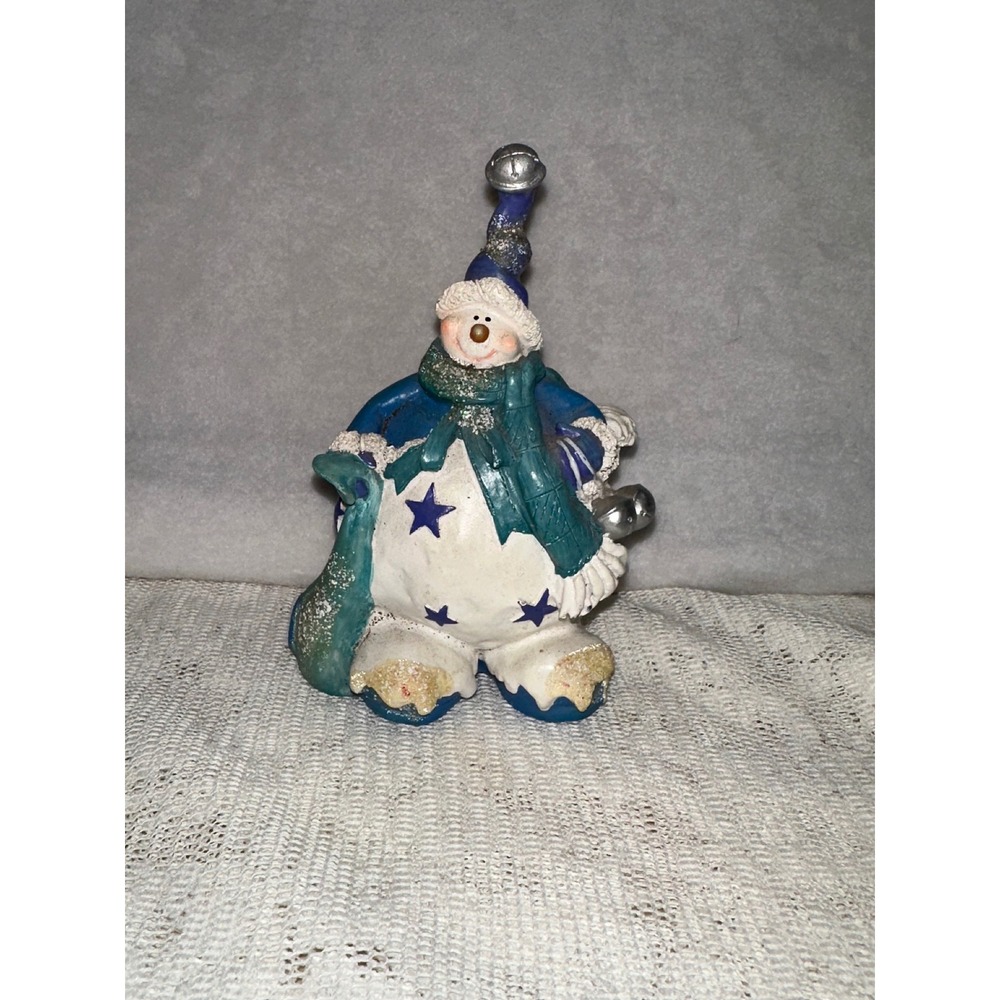 Adorable Christmas Snowman Figurine‎ Blue Stars Scarf Bells Festive Decor